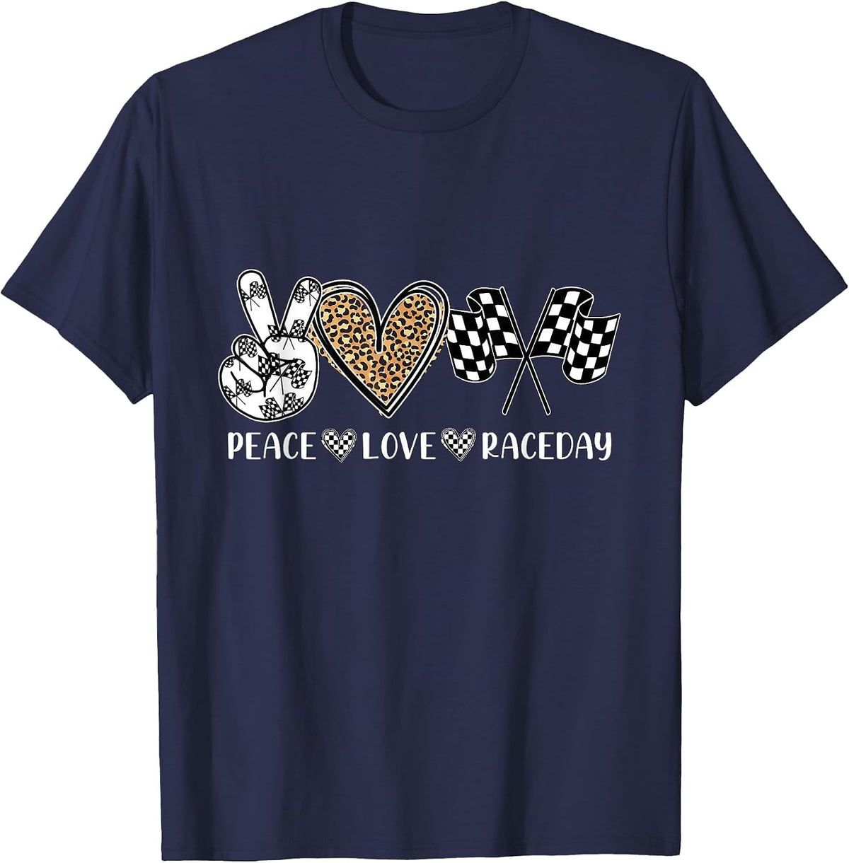 Peace Love Raceday Racing Drag Racing Checkered Flag Race T-Shirt - Navy Blue