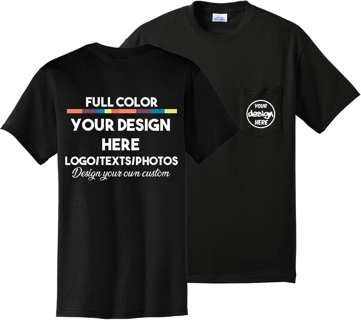 INK STITCH Unisex Pc55p Custom Printing Logo Texts Photo Front Back Pocket Cotton Tees - Black