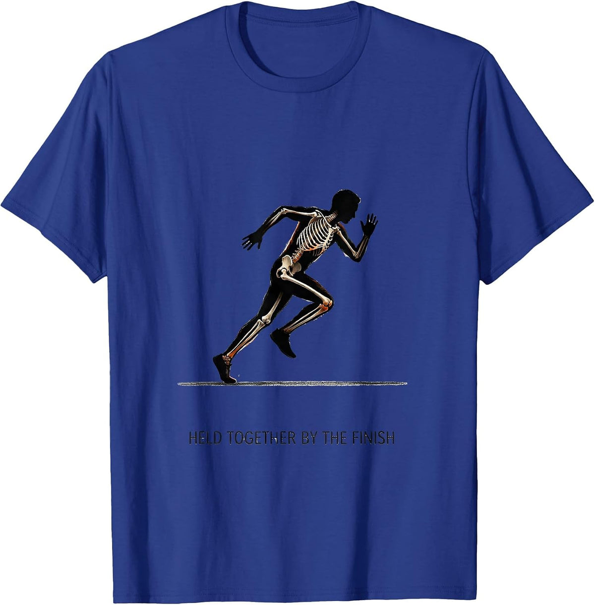 Men's Held Together By The Finish Funny Halloween Skeleton Runner T-Shirt - Royal Blue