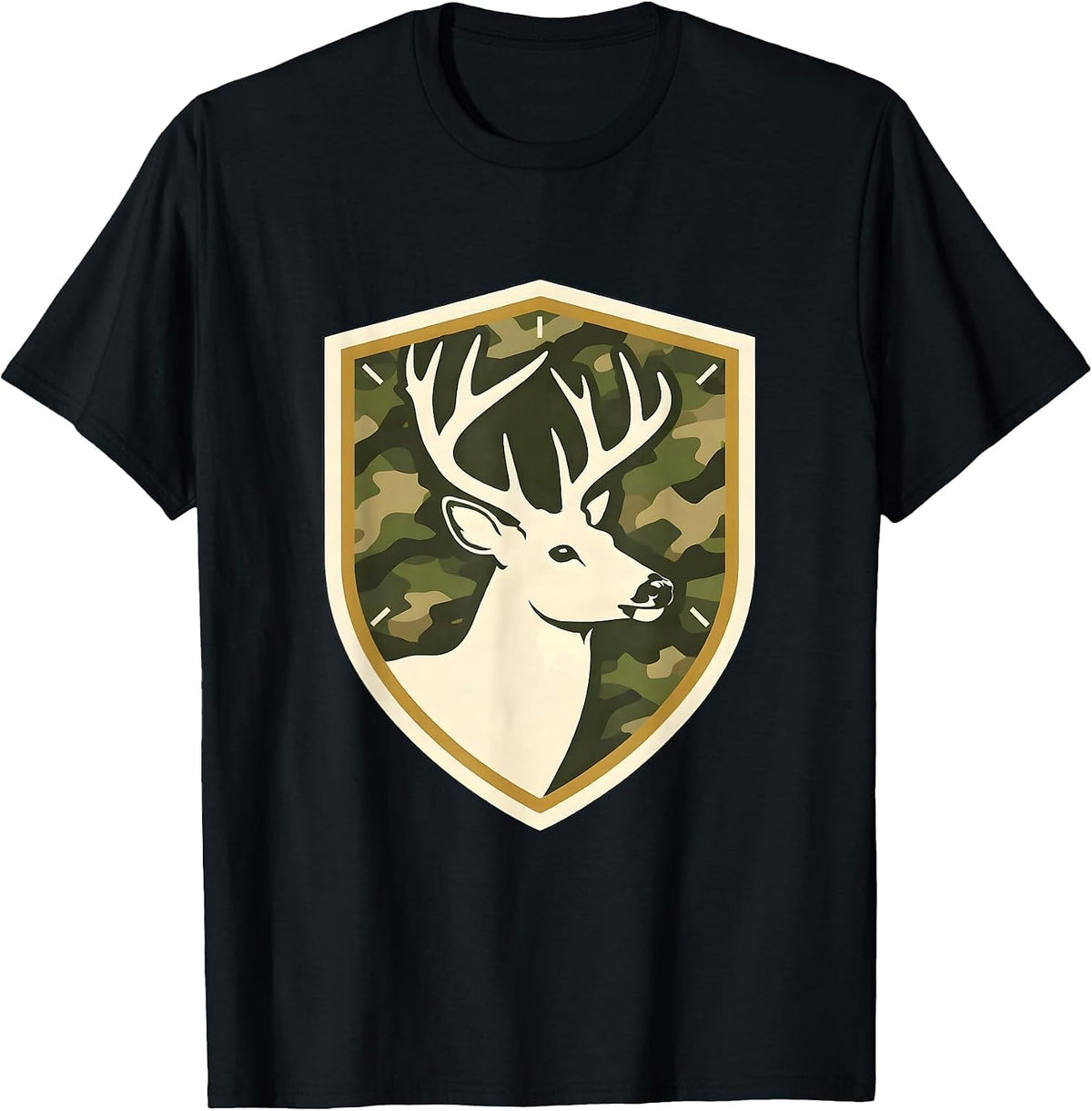 Men's Shield Buck Antlers Camo Emblem Hunting Dad T-Shirt - Black