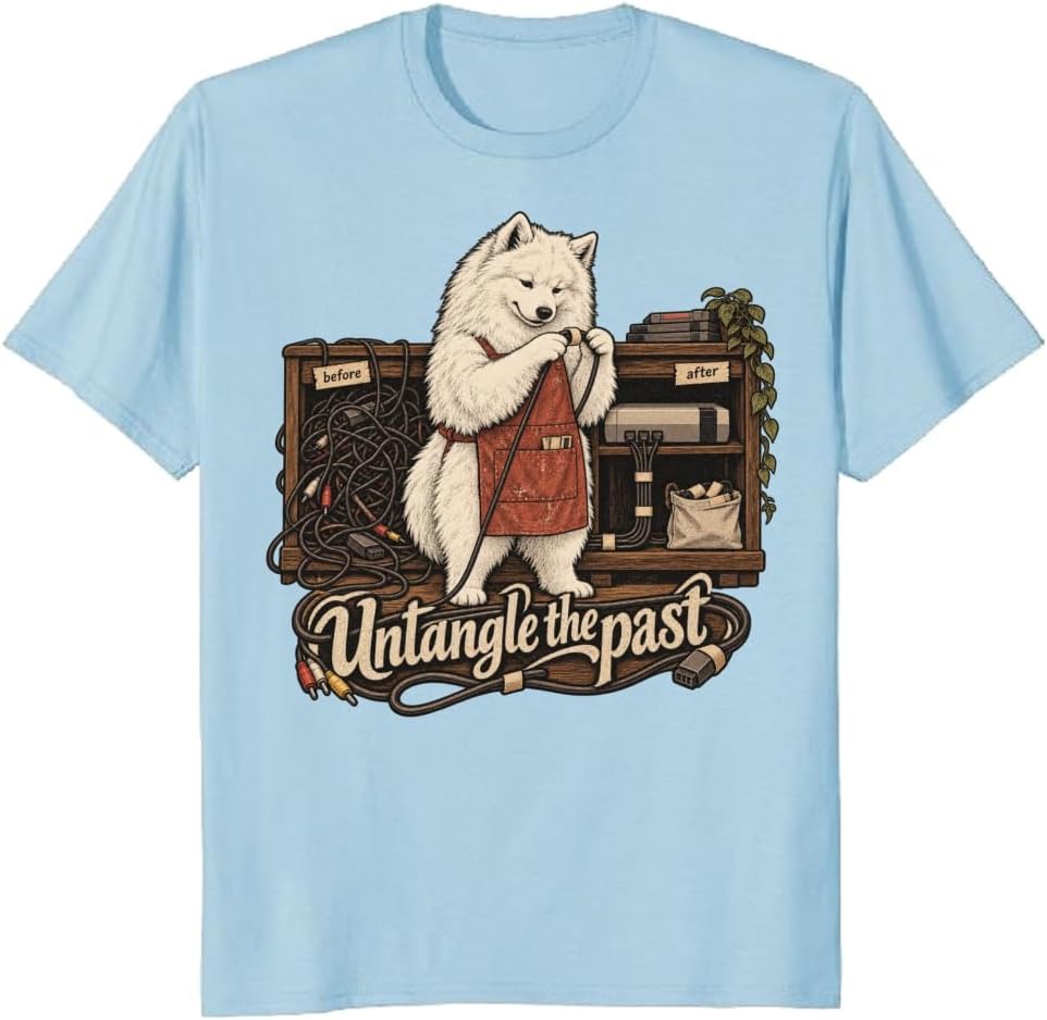 Gamer Dog T-Shirt Retro Samoyed Cable Organizer Graphic Tee - S4