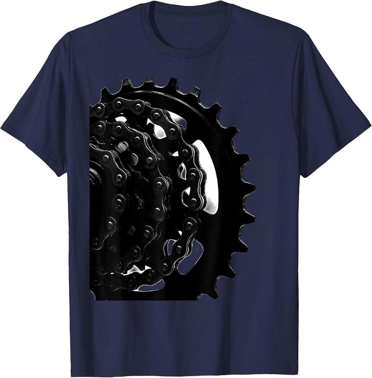 Bike Chain and Sprocket Gears Close-Up Graphic T-Shirt - Navy Blue