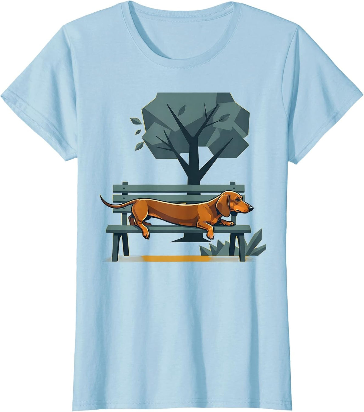 Dachshund Stretched Across Park Bench Illustration T-Shirt - Baby Blue