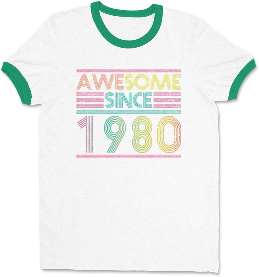 Awesome Since 1980 Ringer Tee Shirt Unisex - White\/Kelly Green