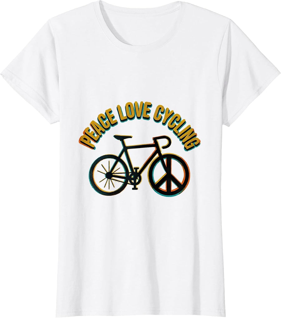 Women's Peace Love Cycling Retro Hippie Peace Sign Nostalgia T-Shirt - White