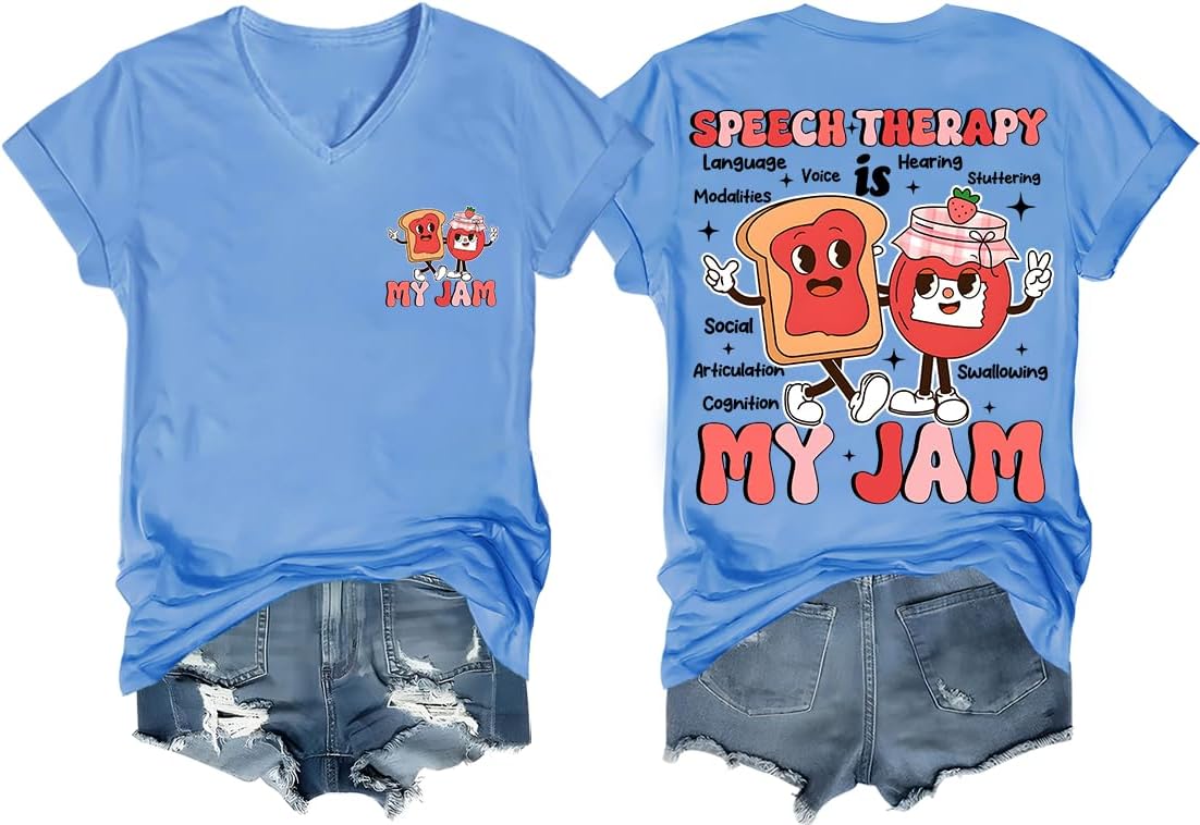 Speech Therapy is My Jam Shirt My Jam T-Shirt Graphic Tees Unisex-Adult Tshirt - V-Neck Carolina Blue-vn