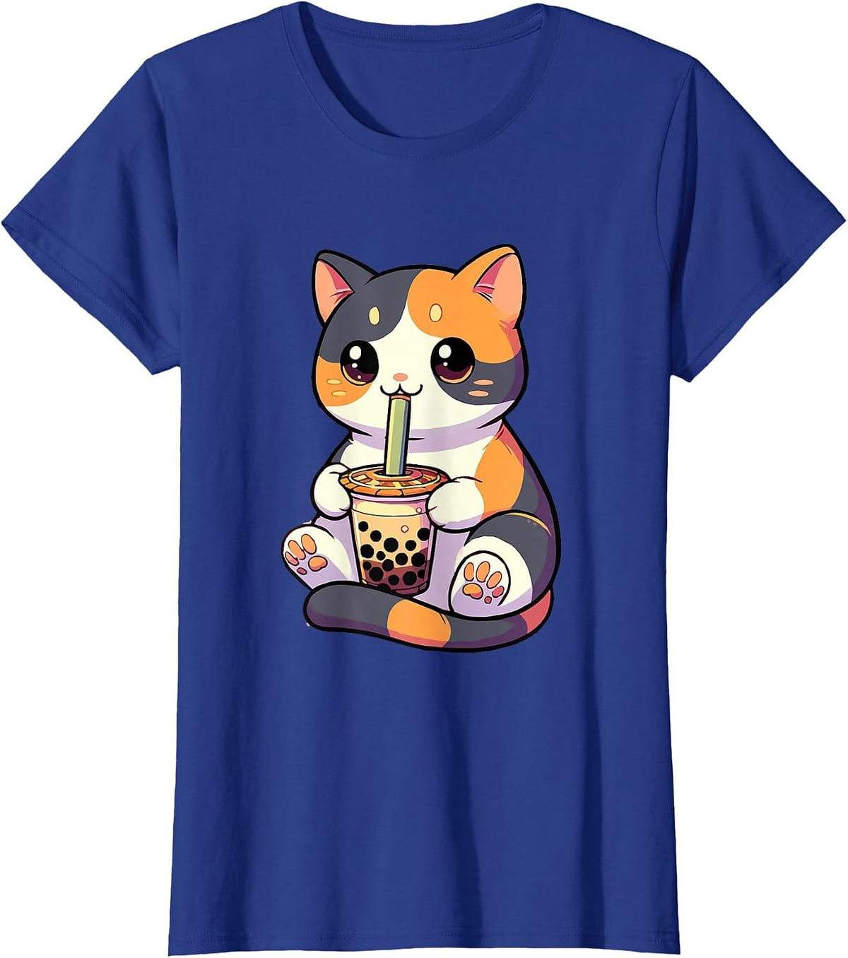 Cat Drinking Boba Feline Japanese Pet Kawaii Boba Calico Cat T-Shirt - Royal Blue