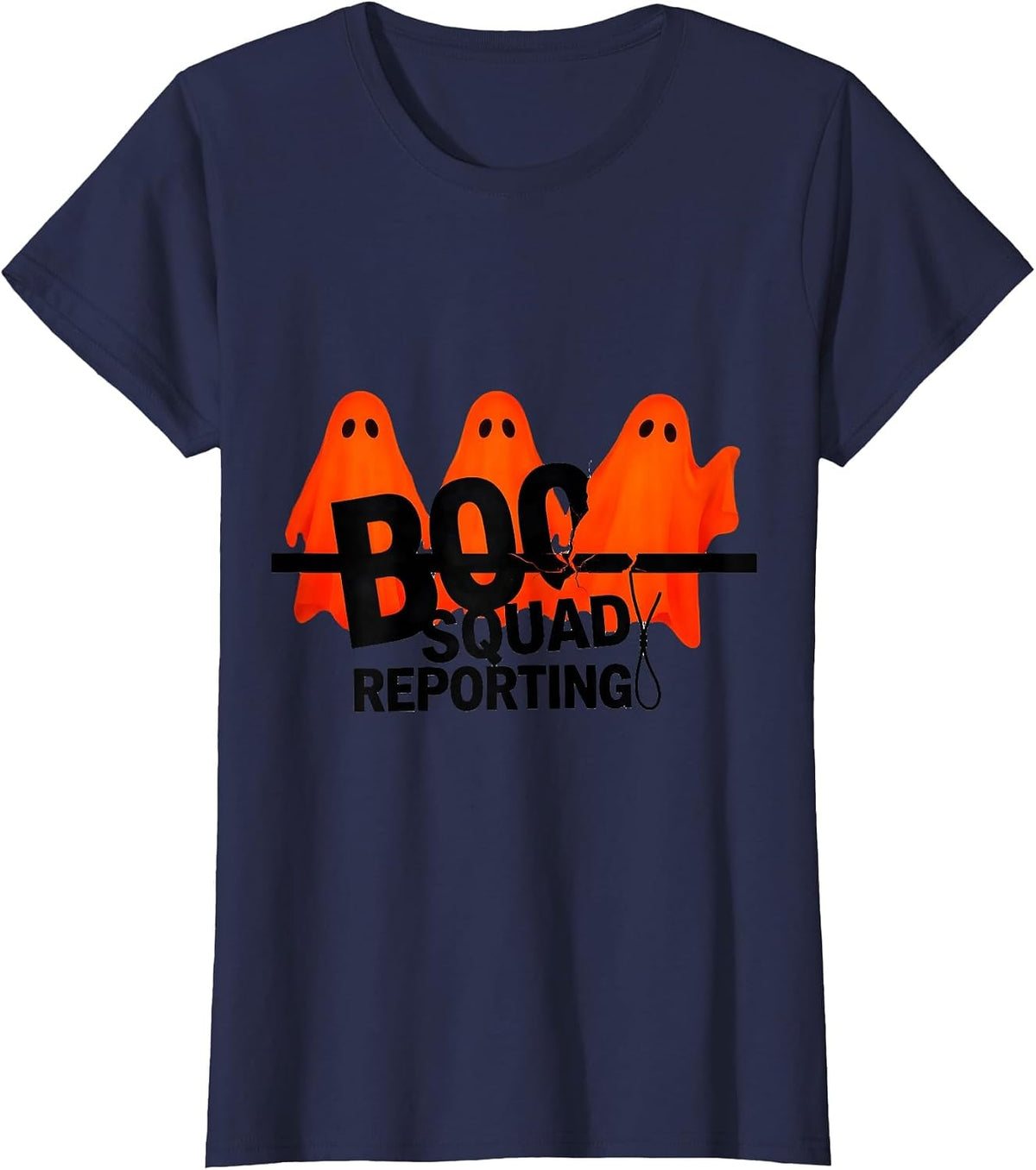 Women's Boo Squad Reporting New Wave Typography Halloween Ghost Para T-Shirt - Navy Blue