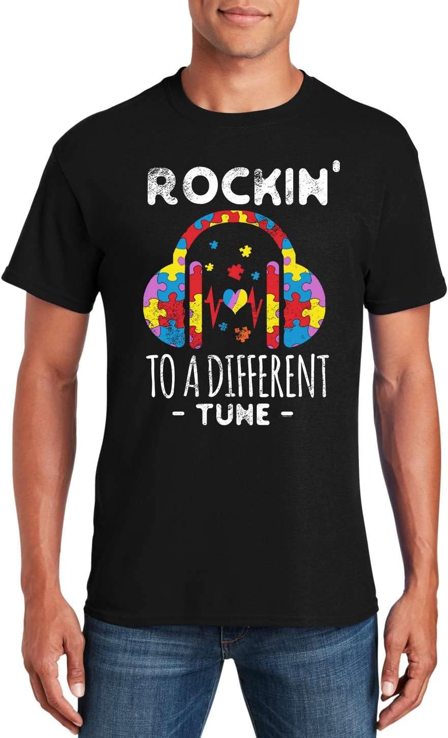 Veracco Autism Awareness Shirt Rocking to A Different Tune T Shirt Autism Dad Gift Neurodiversity Support Tee for Men - Black