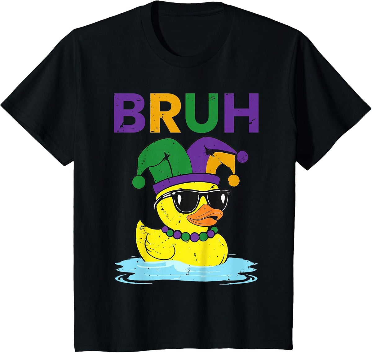 Bruh Funny Duck Mardi Gras Rubber Duck with Jester Hat T-Shirt - Black