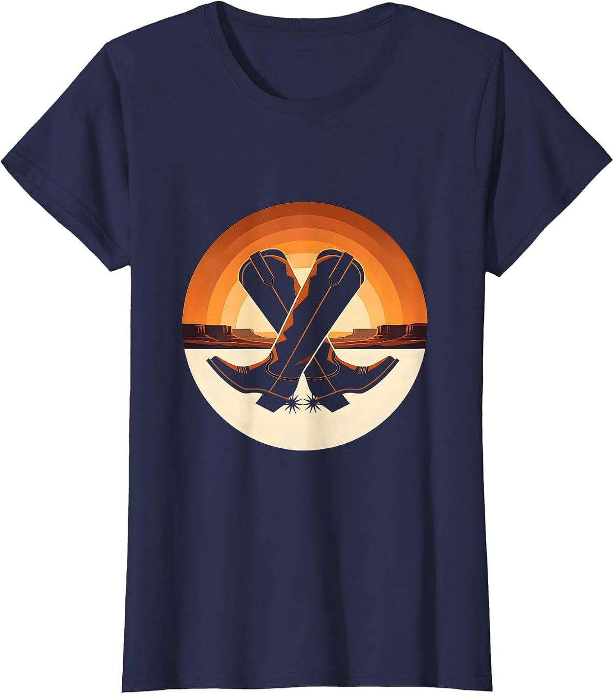 Women's Crossed Cowgirl Boots Spurred Western Design T-Shirt - Navy Blue
