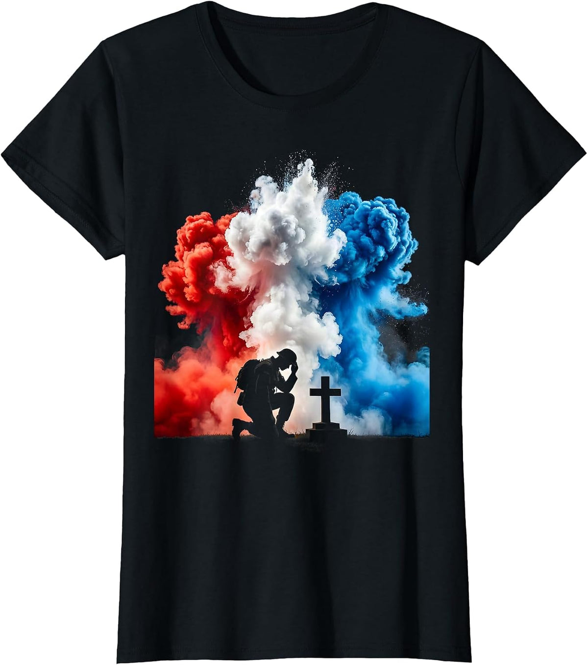 Soldier Kneeling at Memorial Grave Marker T-Shirt - Black
