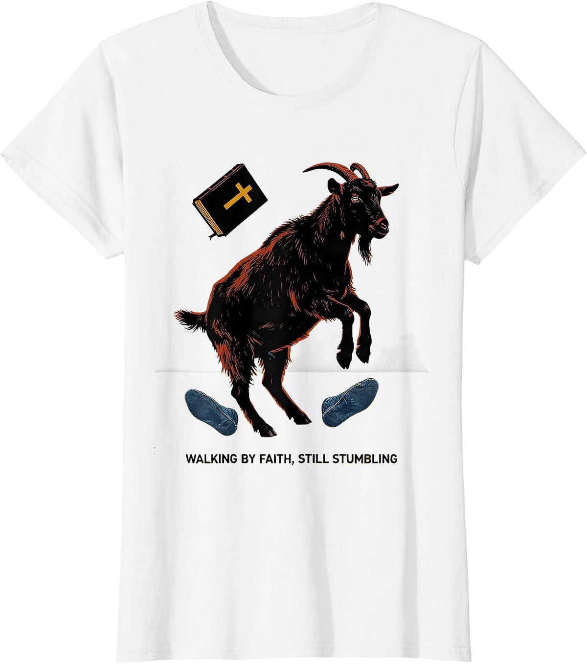 Women's Walking By Faith Still Stumbling Funny Christian Animal T-Shirt - White