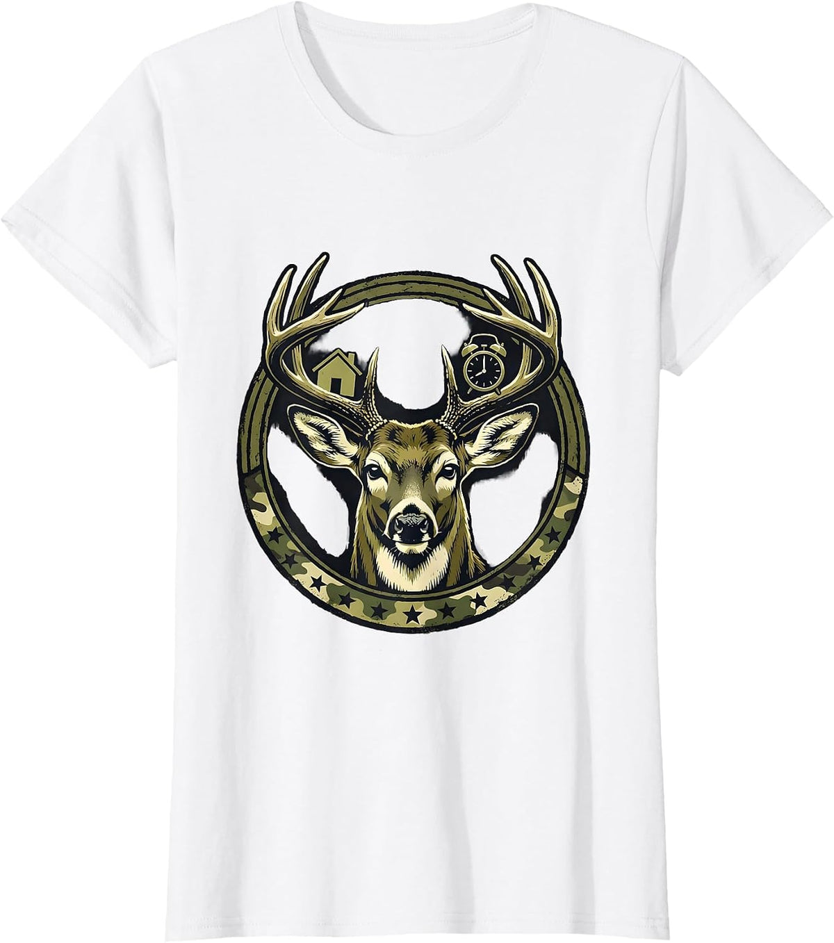 Women's Sealed Buck Badge Camo Deer Hunter Dad Gift T-Shirt - White