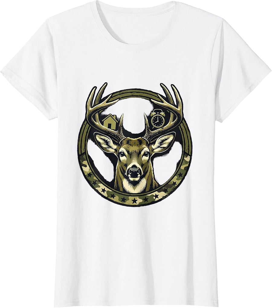 Women's Sealed Buck Badge Camo Deer Hunter Dad Gift T-Shirt - White