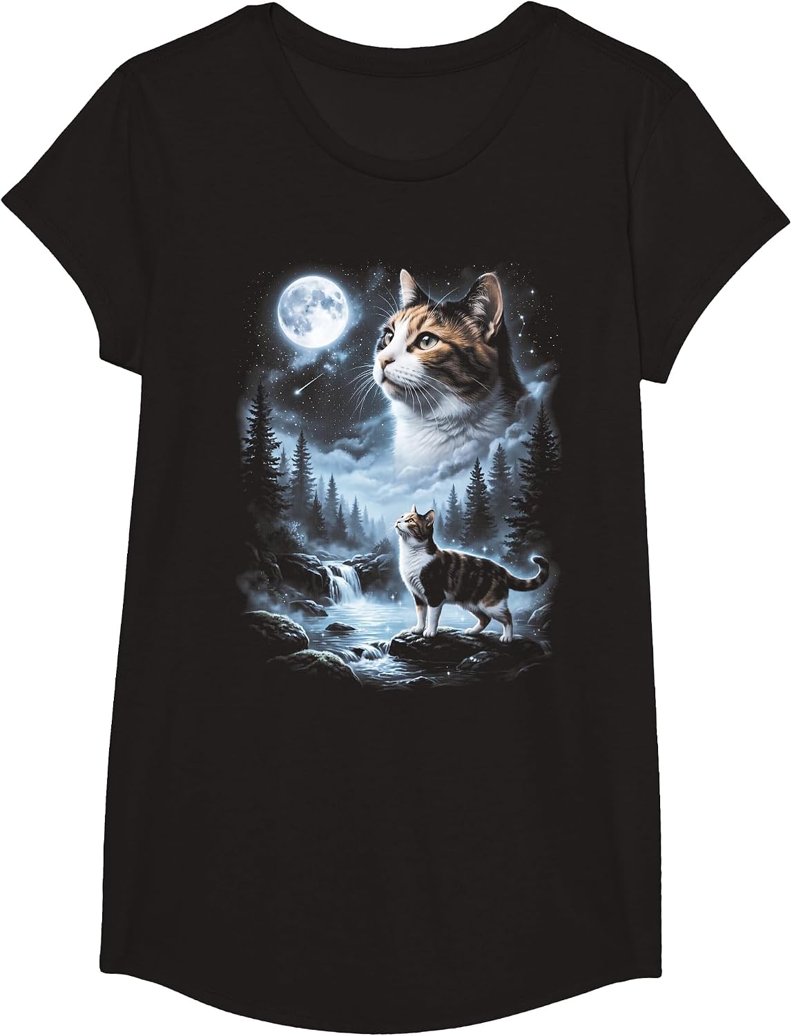 Calico Cat Howling at Moon 90's Retro T-Shirt - Girls Black