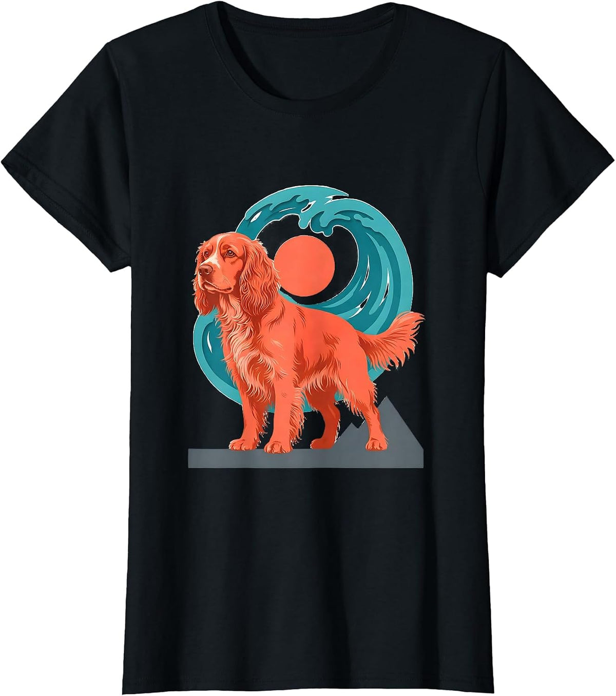 Teal Wave Surfing English Springer Spaniel Flat Vector Dog T-Shirt - Black