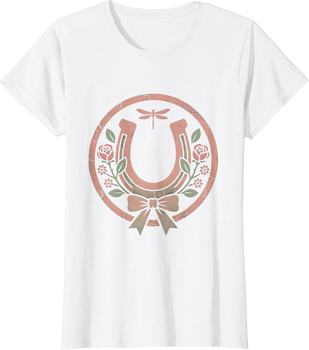 Women's Rhinestone Horseshoe with Roses Country Music Design T-Shirt - White