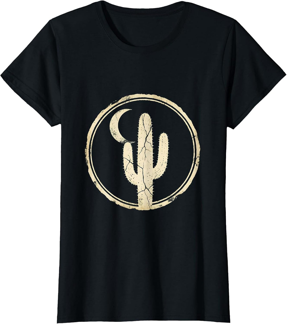 Desert Cactus Crescent Moon Country Music Design T-Shirt - Black