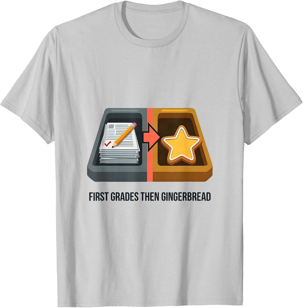Men's First Grades Then Gingerbread Funny Teacher Christmas Break T-Shirt - Silver Grey