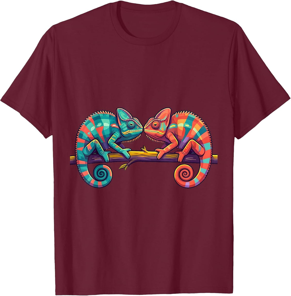 Twin Day Chameleons on Branch Matching Design T-Shirt - Burgundy