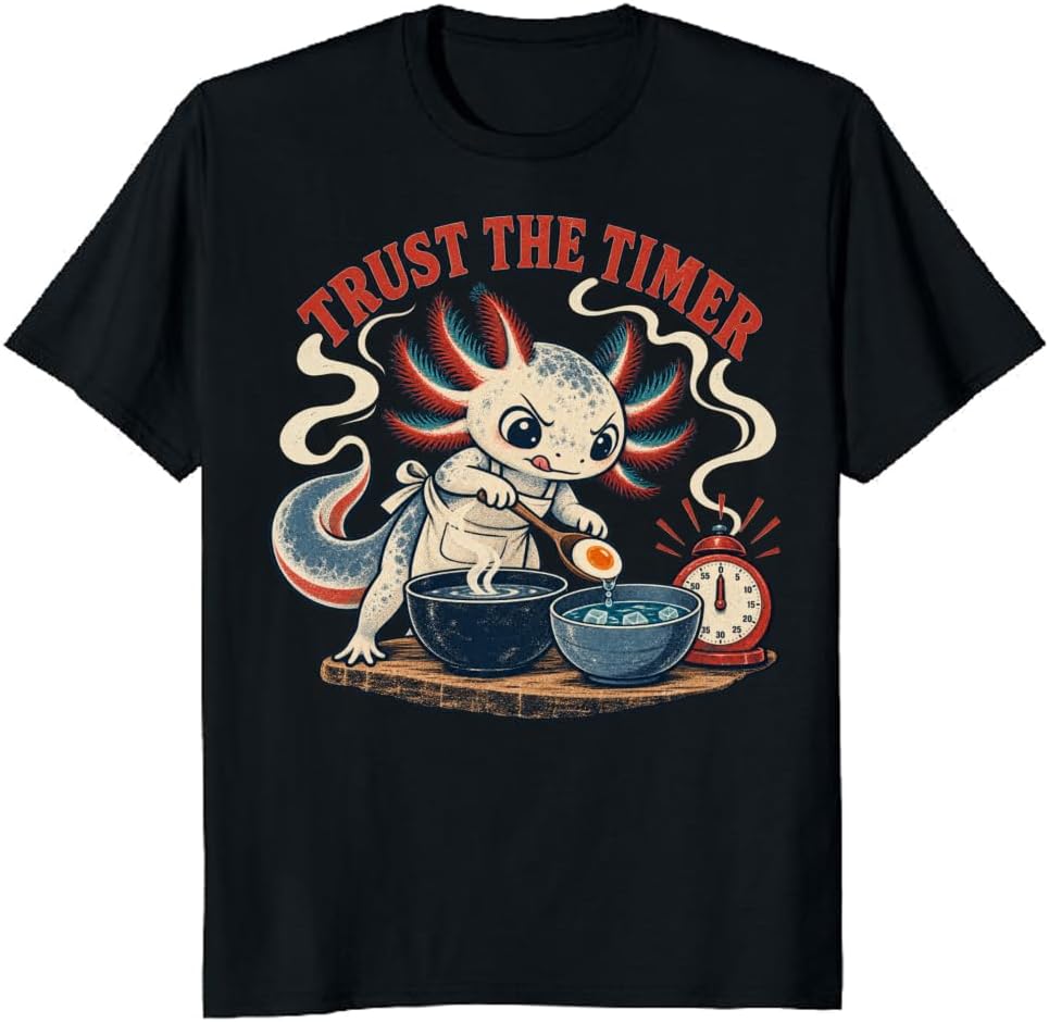 Axolotl Cooking T-Shirt Vintage Ramen Egg Timer Graphic Tee - S4