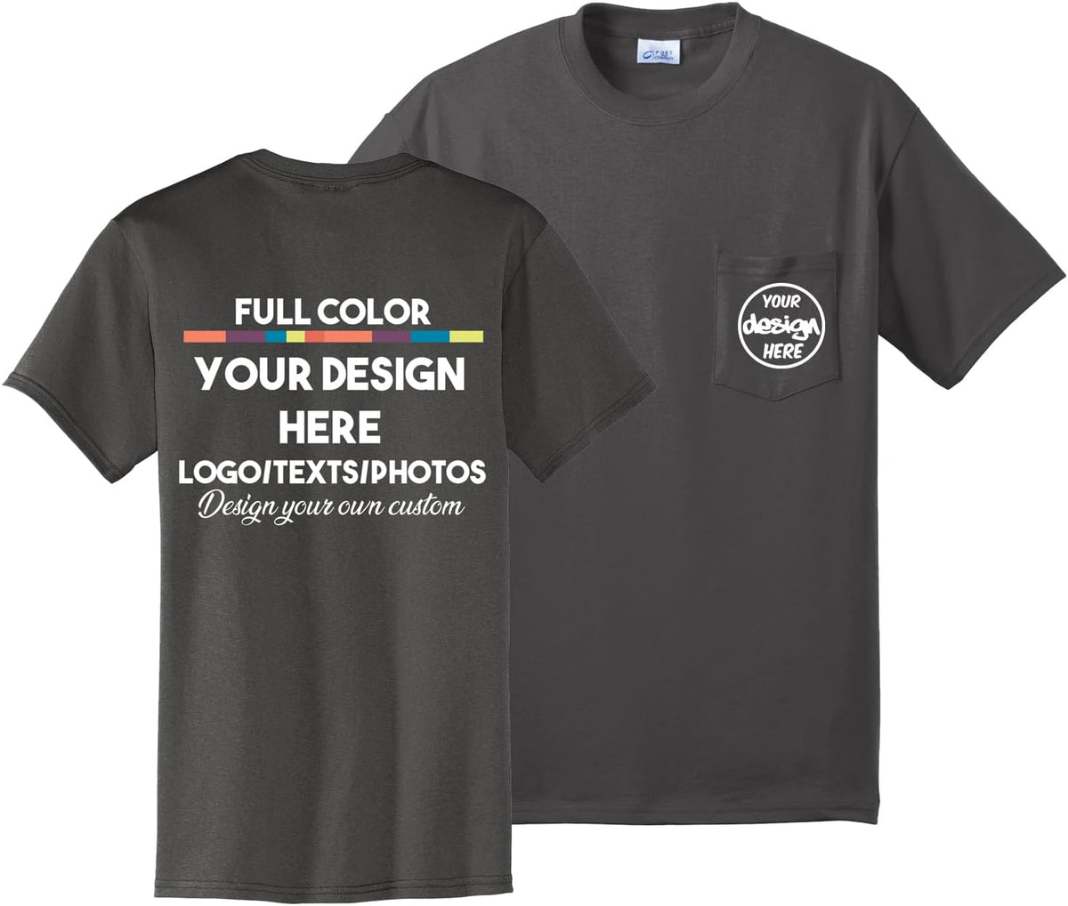 INK STITCH Unisex Pc55p Custom Printing Logo Texts Photo Front Back Pocket Cotton Tees - Charcoal