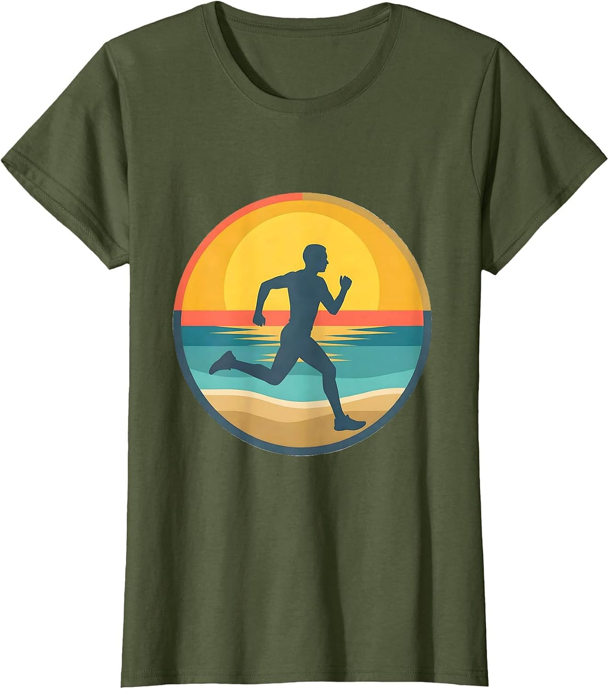 Women's Beach Runner Sunlit Stride Athleisure Design T-Shirt - Olive Green