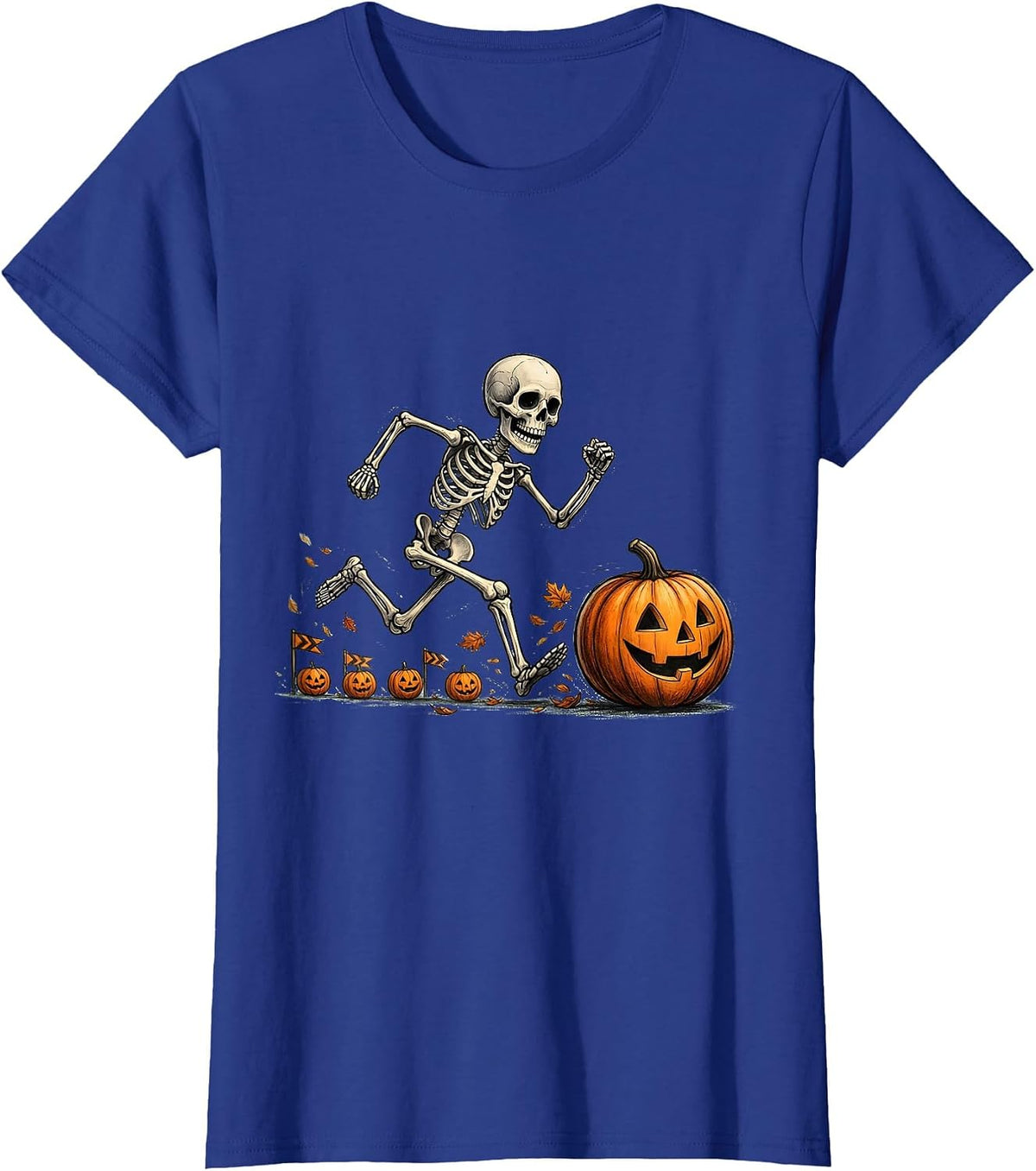 Women's Cheerful Skeleton Runner Halloween 5K Race Fun T-Shirt - Royal Blue