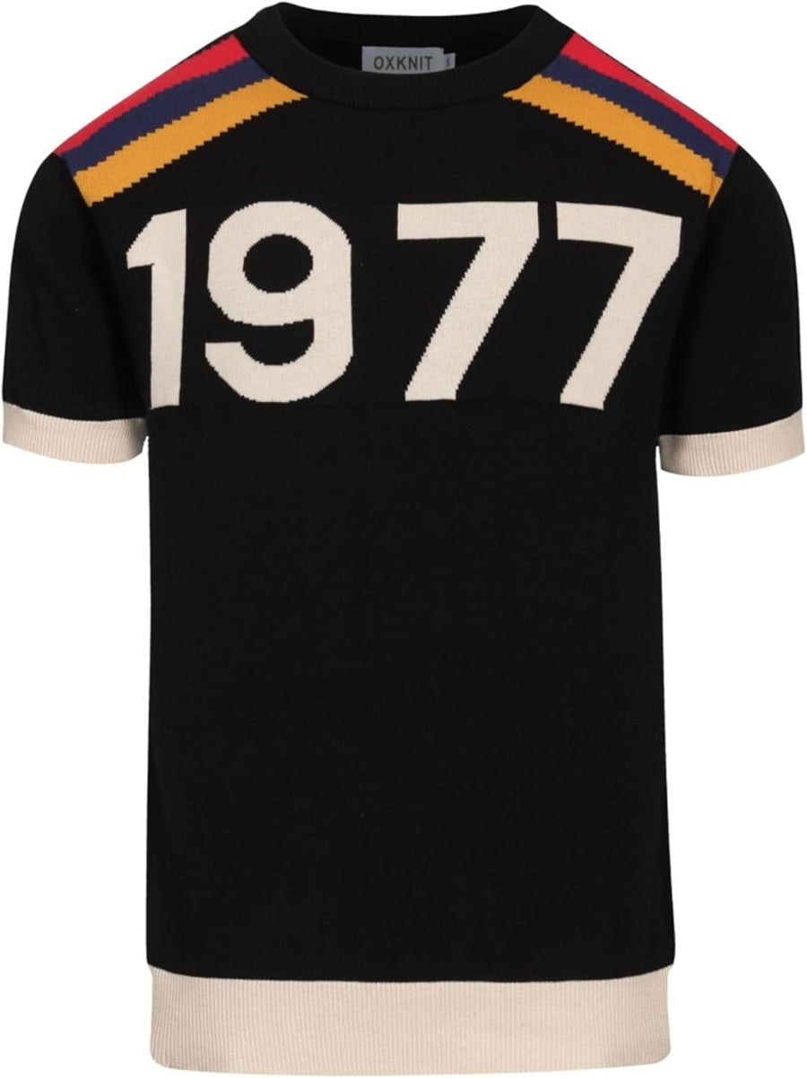 OXKNIT Men's Knit T-Shirt Short Sleeve, 1960s Mod Style Retro Words Black Shirts Crewneck Cotton Tops - Black
