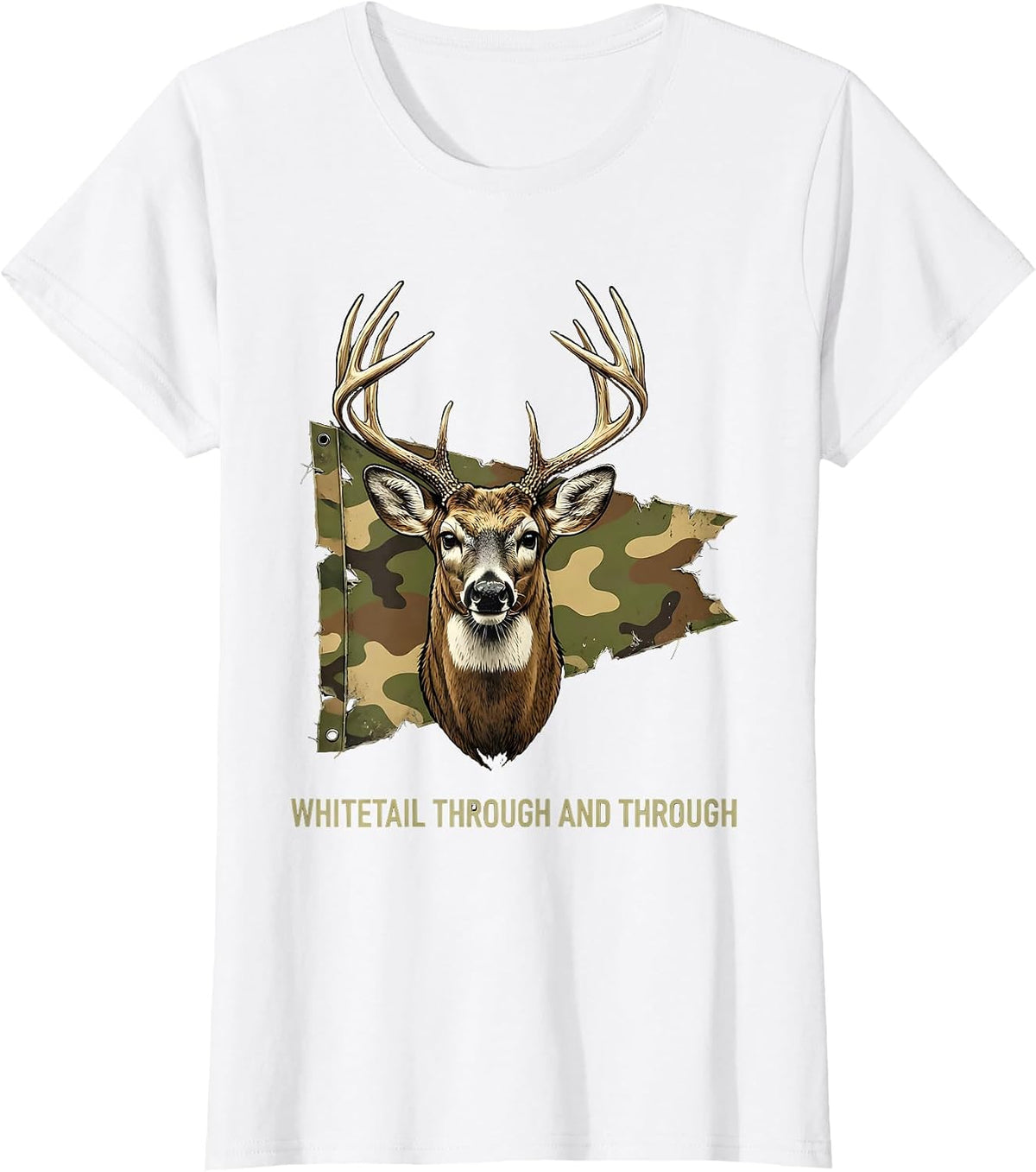 Whitetail Through And Through Distressed Camo Deer Hunter T-Shirt - White