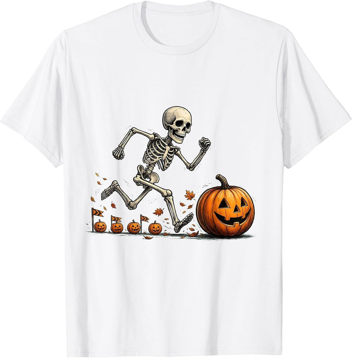 Men's Cheerful Skeleton Runner Halloween 5K Race Fun T-Shirt - White