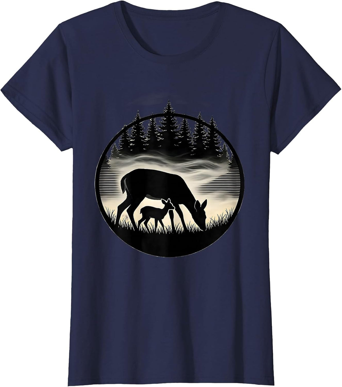Women's Doe and Fawn Grazing in Meadow Fog Hunting T-Shirt - Navy Blue