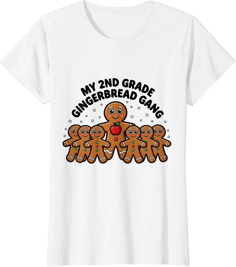 Women's My 2nd Grade Gingerbread Gang Cute Playful Teacher Holiday T-Shirt - White