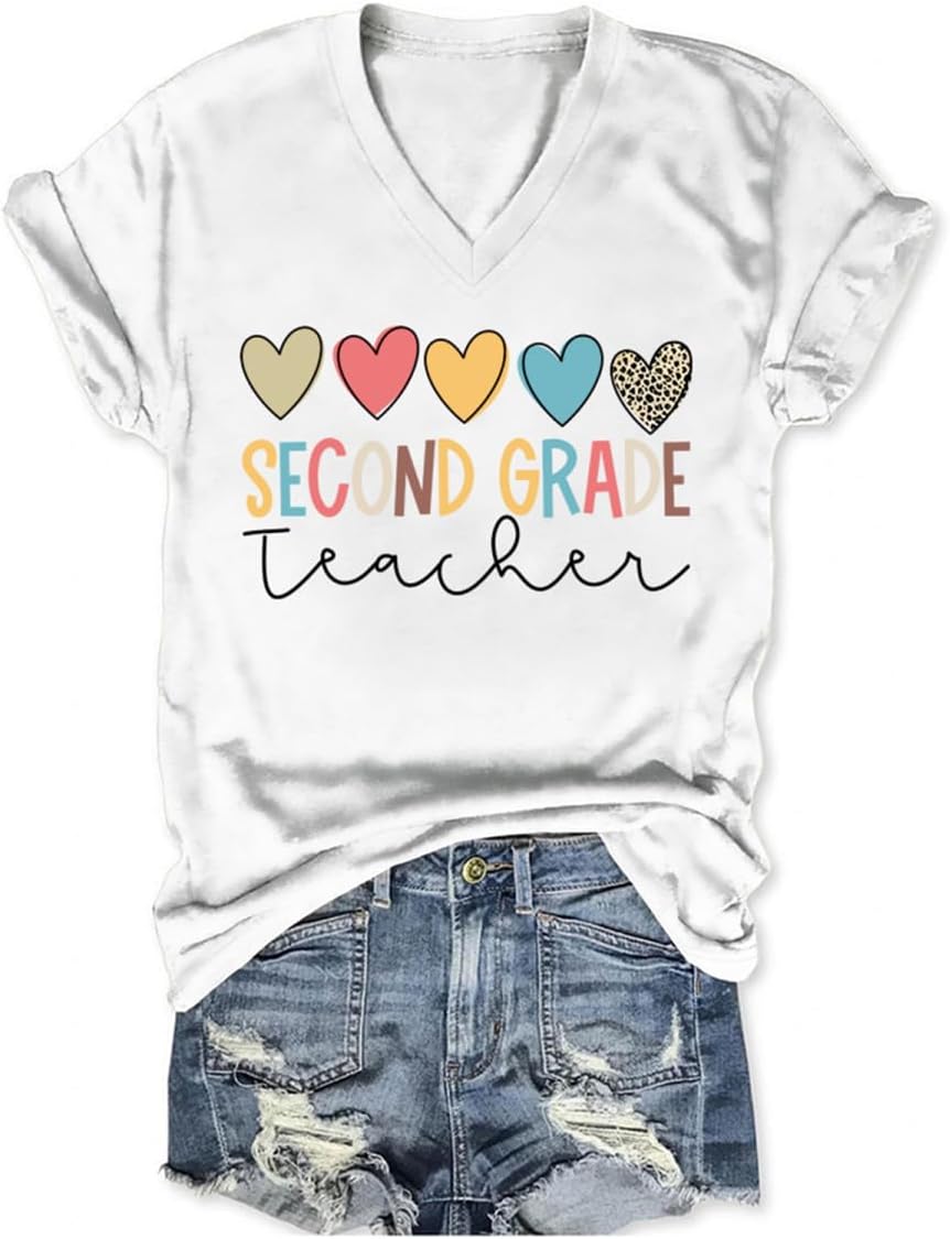 Second Grade Teacher Shirt Women 2nd Grade Teacher Tshirts Back to School T Shirt V Neck Short Sleeve T-Shirts - White