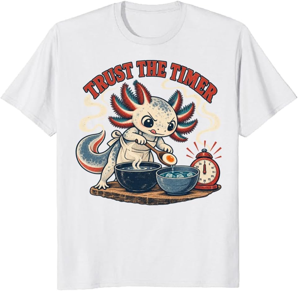 Axolotl Cooking T-Shirt Vintage Ramen Egg Timer Graphic Tee - S3
