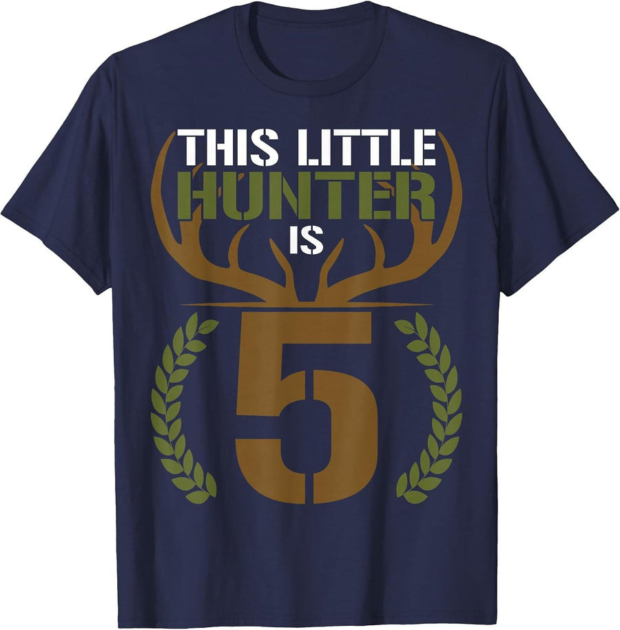 This Little Hunter is 5 Years Old 5th Birthday Deer Hunter T-Shirt - Navy Blue