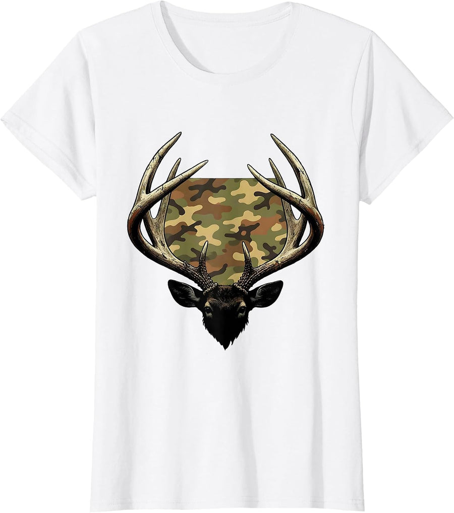 Women's Antler Rack Distressed Camo Deer Hunting Dad Humor T-Shirt - White