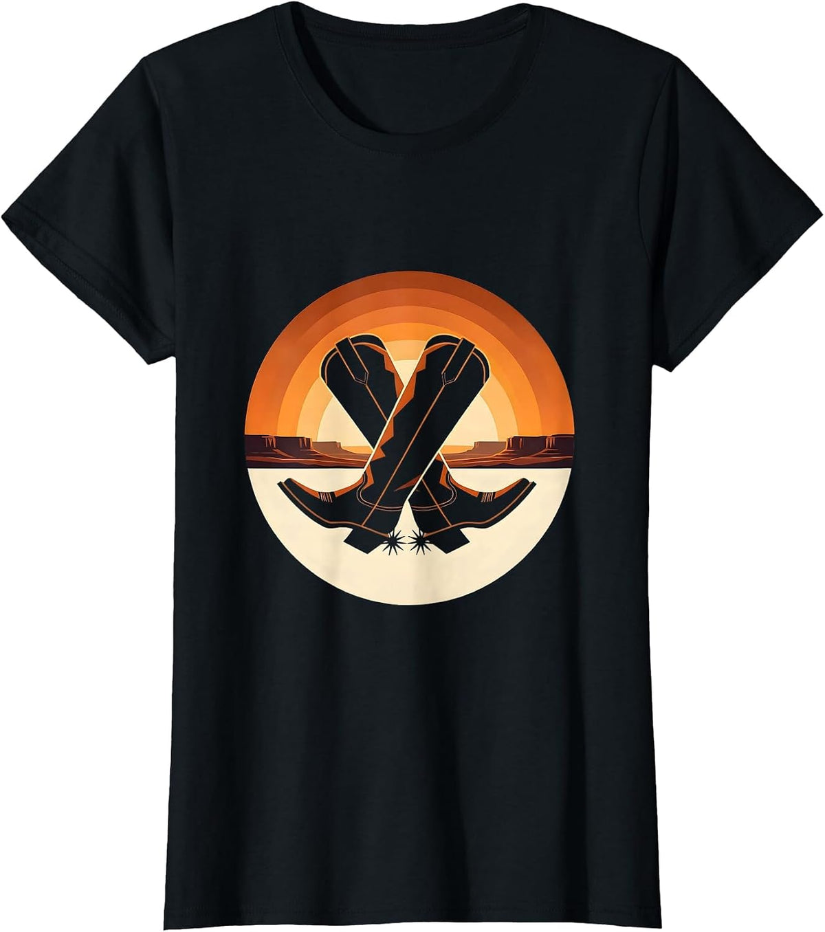 Women's Crossed Cowgirl Boots Spurred Western Design T-Shirt - Black