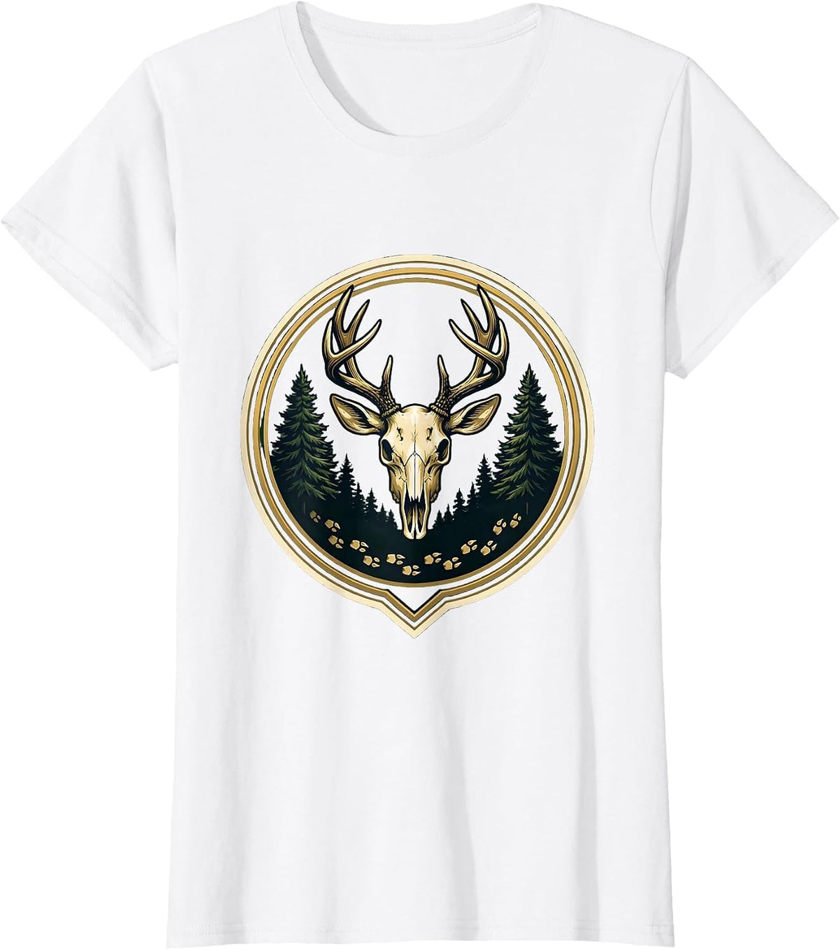 Women's Deer Tracks Into Dark Forest Hunting Design T-Shirt - White