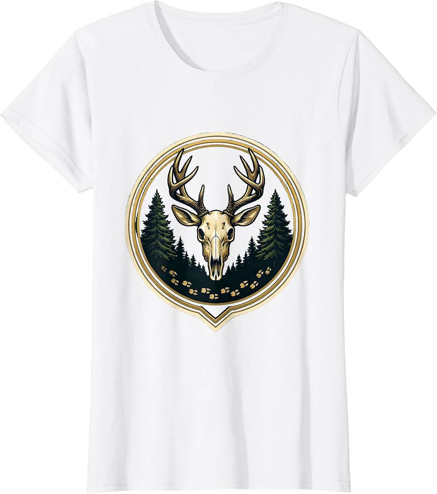 Women's Deer Tracks Into Dark Forest Hunting Design T-Shirt - White