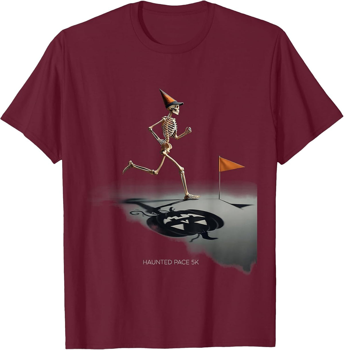 Haunted Pace 5K Minimalist Skeleton Runner Halloween Fun Run T-Shirt - Burgundy