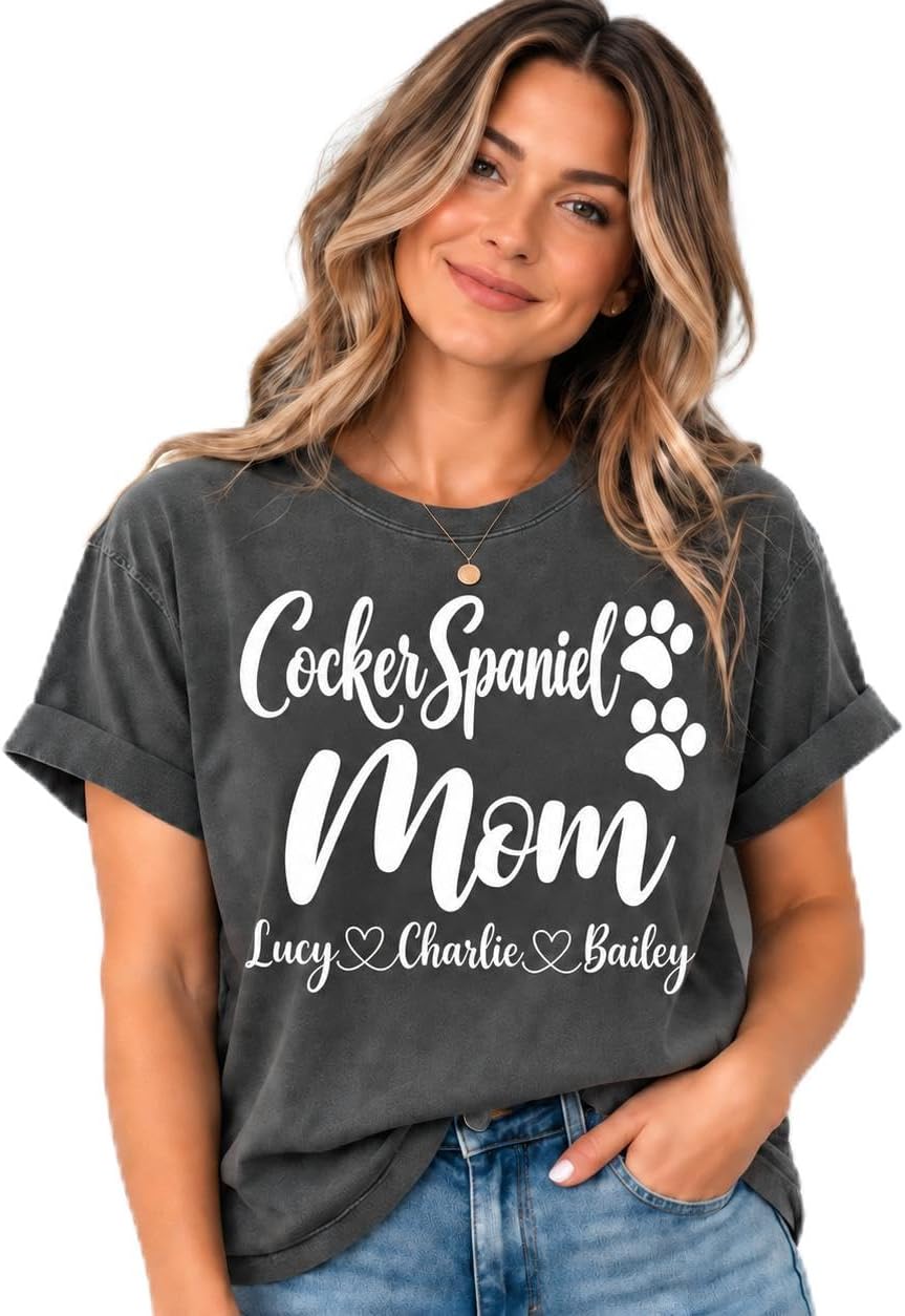 Personalized Cocker Spaniel Mom Shirt, Custom Cocker Spaniel Dog Mom T-Shirt with Dog Names, Gift for Cocker Spaniel Lovers