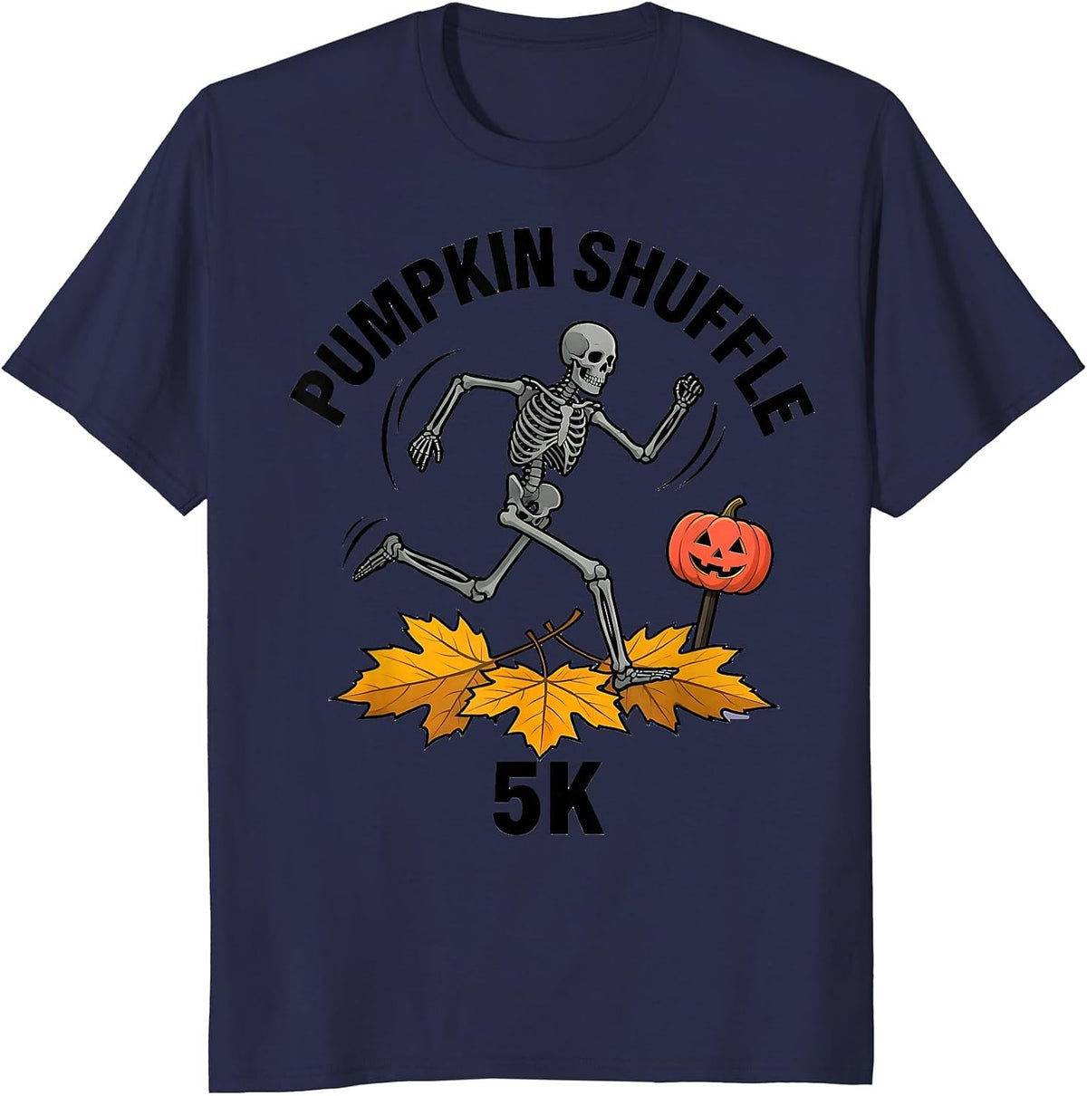 Pumpkin Shuffle 5K Funny Skeleton Runner Halloween 5K Race T-Shirt - Navy Blue