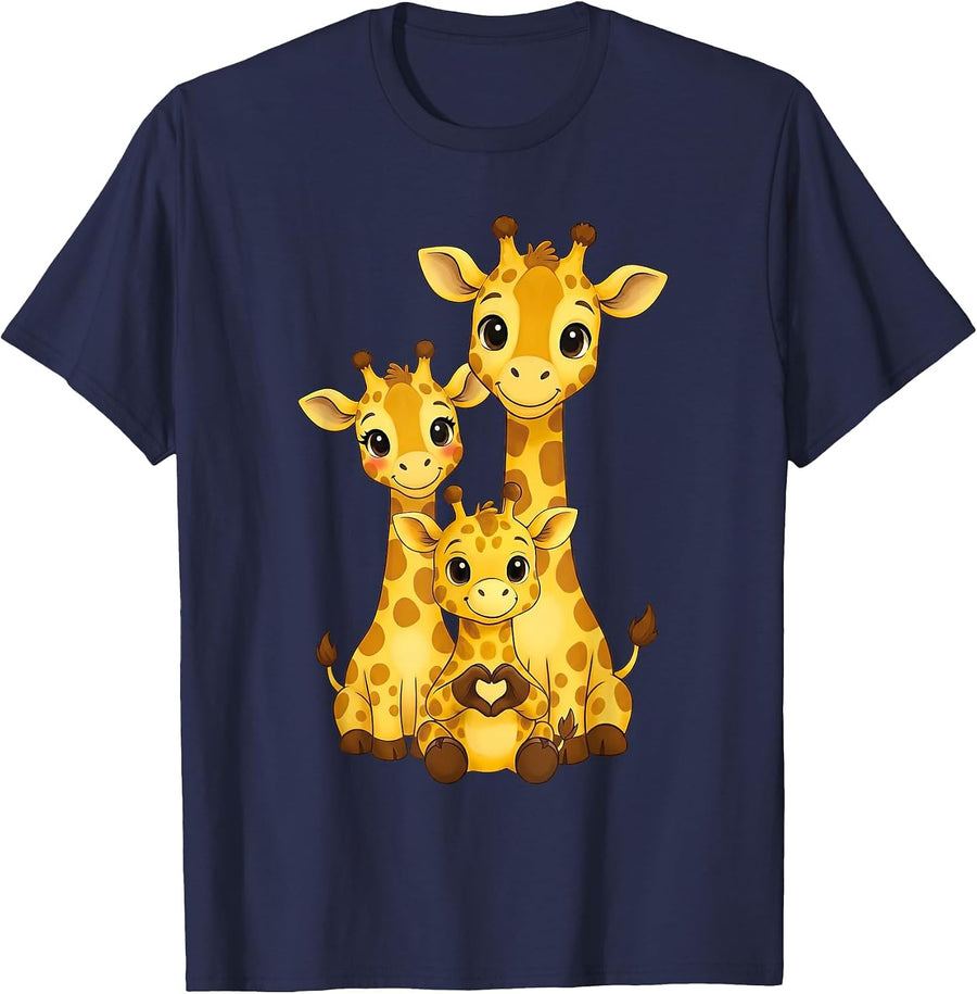 Giraffe with Heart and Family | Cute Giraffe with mom & dad T-Shirt - Navy Blue