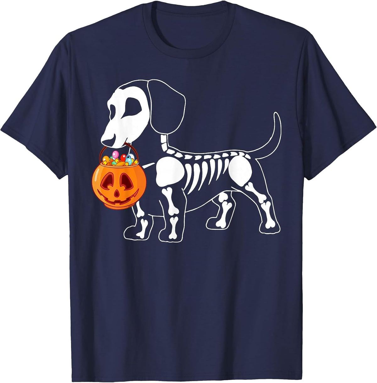 Dachshund Skeleton Halloween Happy Pumpkin T-Shirt - Navy Blue