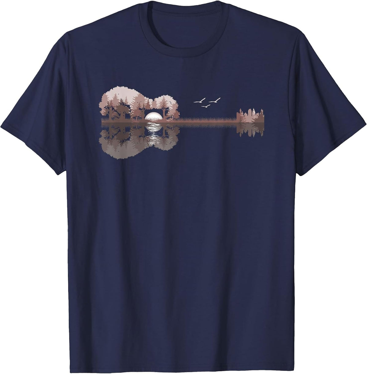 Acoustic Guitar Lake Sunset Guitarist Country Rock Music T-Shirt - Navy Blue