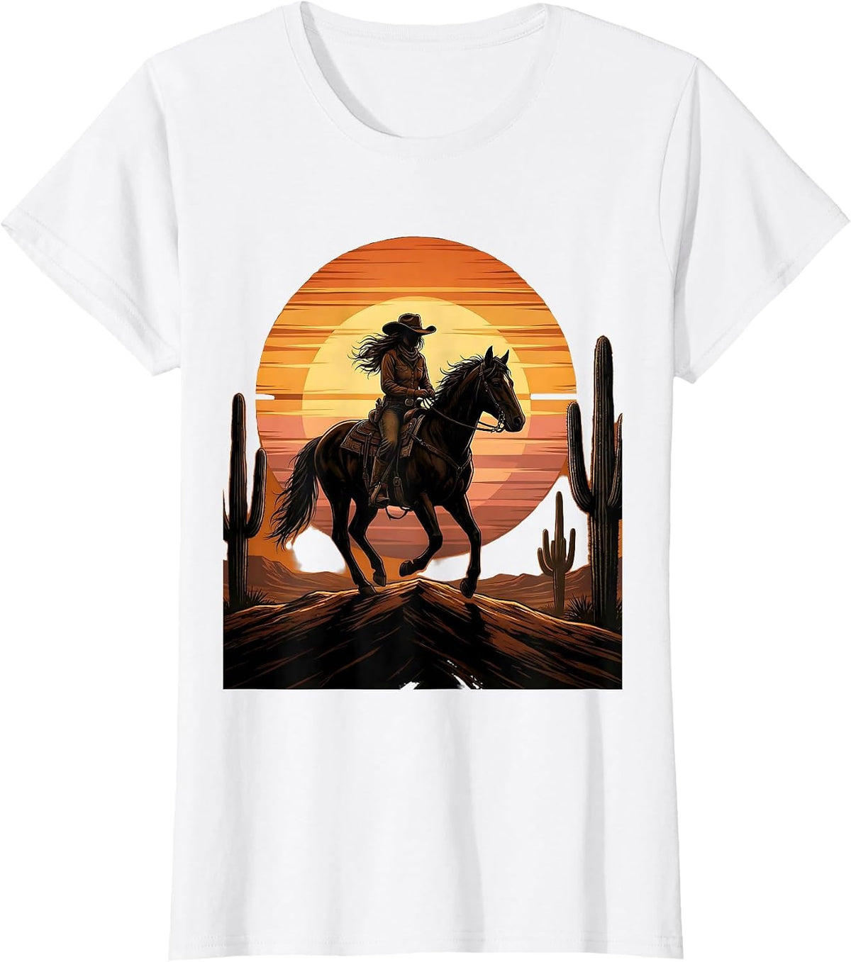 Cowgirl Silhouette Desert Sunset Graphic T-Shirt - White