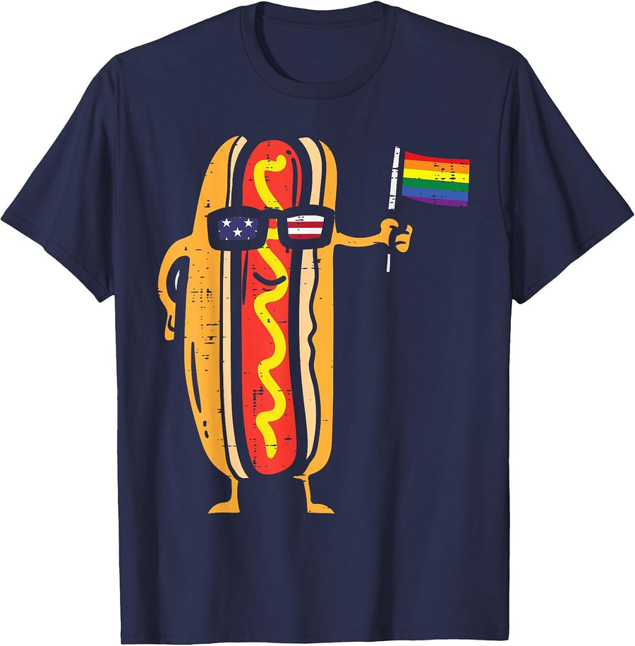 Hotdog US Flag Sunglasses Rainbow Flag Gay Pride LGBTQ Food T-Shirt - Navy Blue
