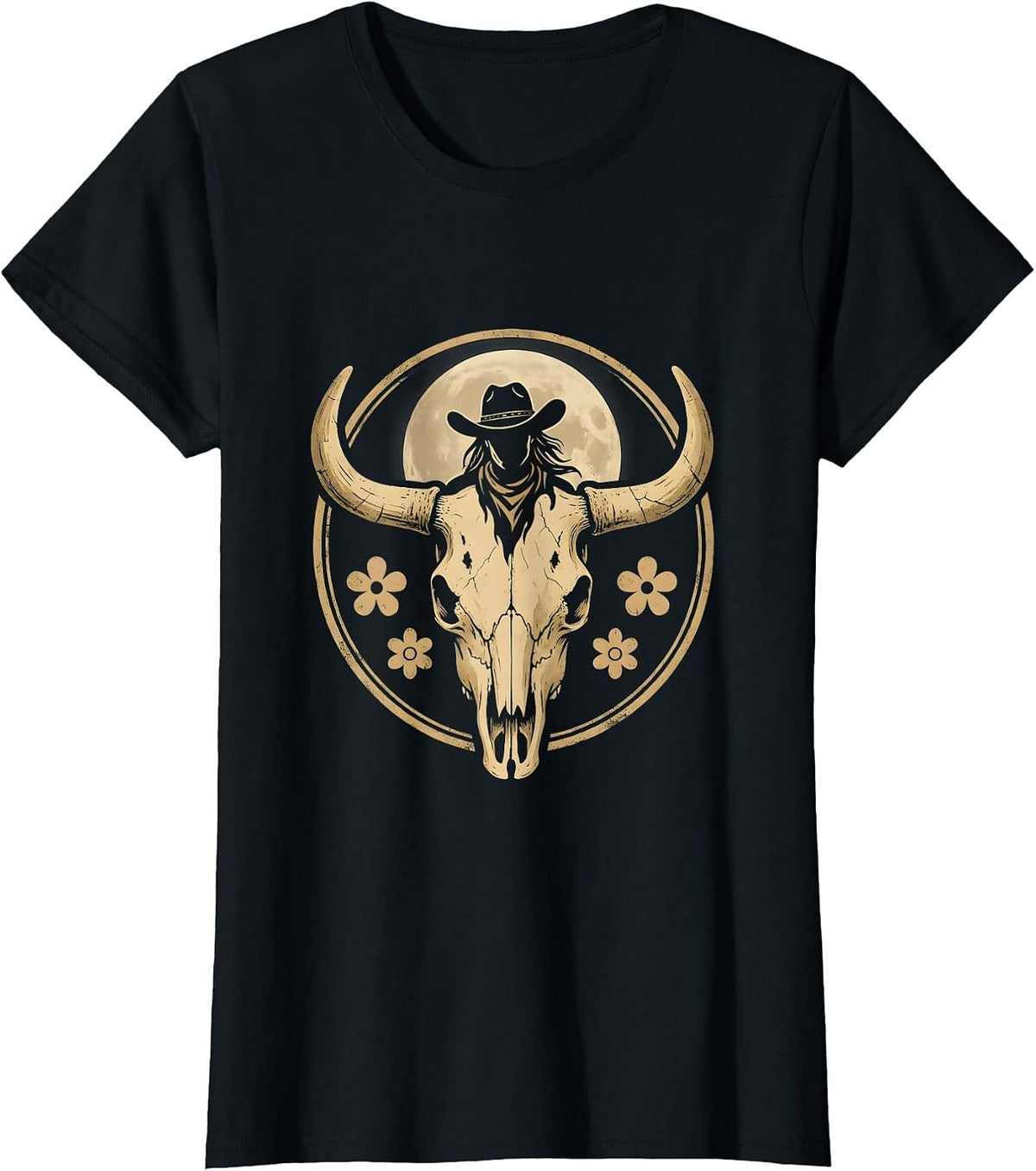 Cowgirl Silhouette Full Moon Western Graphic T-Shirt - Black